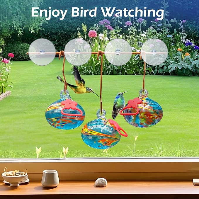 Window Hummingbird Feeder with Suction Cups,Hand-Blown Glass Hummingbird Feeders for Outdoors Window Mounted with Metal Hook,Close Bird Watching,Finch in Garden,Yard(Blue)