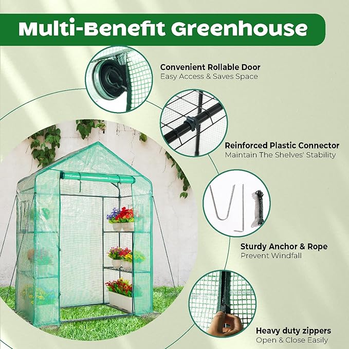 IDZO Walk in Greenhouse, Outdoor Greenhouse with Durable PE Cover & Sturdy Steel Frame for All Seasons, Convenient Rollable Door, Anchor & Rope Included for More Stable Stand, Easy to Install