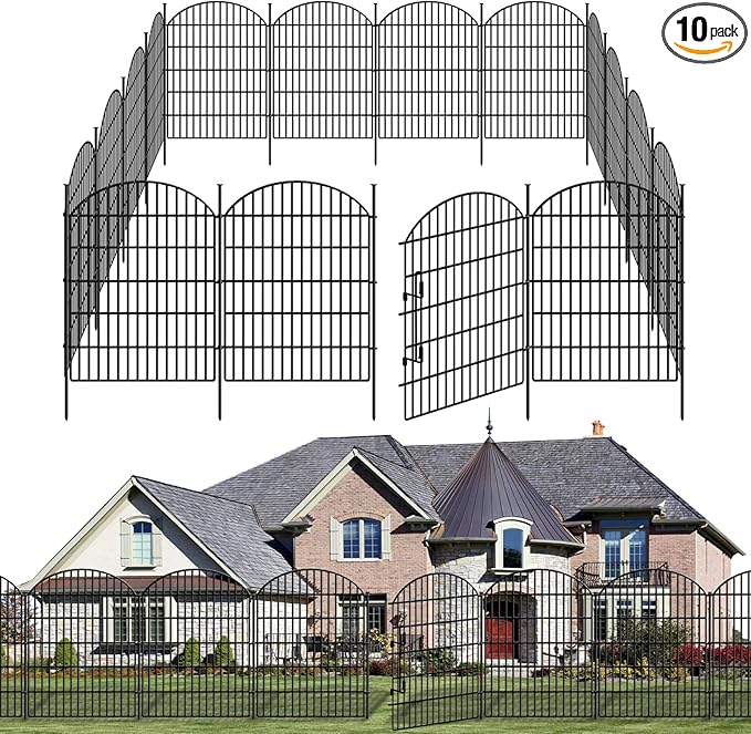 10 Panels Decorative Garden Fence with Lock, 40in (H) X 22.31ft (L) No Dig Dog Fences Outdoor for Yard, Rustproof Tall Animal Barrier Fencing, Metal Panels Suitable for Yards Border, Patio Use