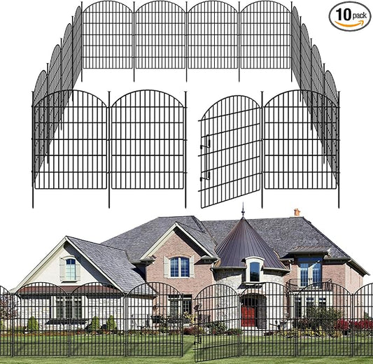 10 Panels Decorative Garden Fence with Lock, 40in (H) X 22.31ft (L) No Dig Dog Fences Outdoor for Yard, Rustproof Tall Animal Barrier Fencing, Metal Panels Suitable for Yards Border, Patio Use