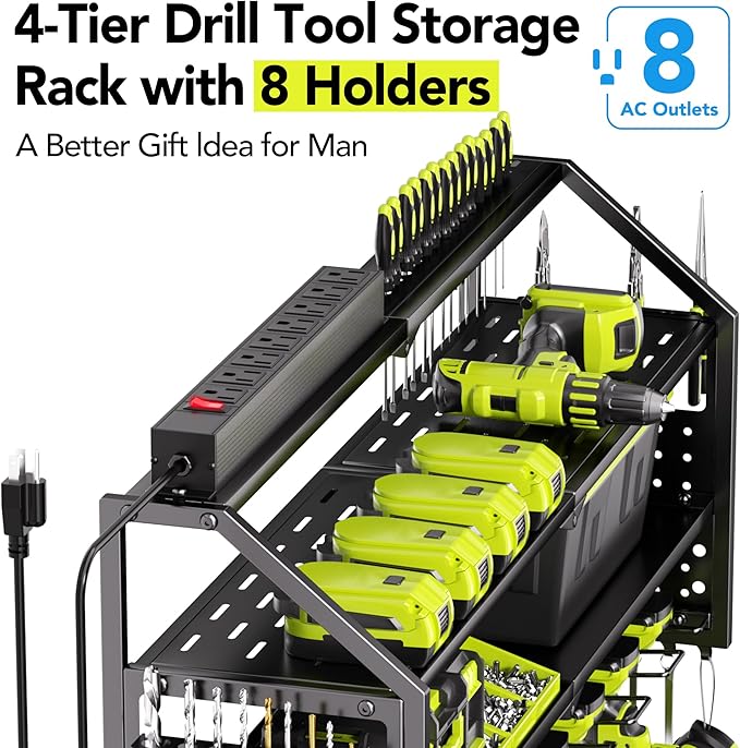 Power Tool Organizer Wall Mount with Charging Station, 8 Drill Holder with 8-Outlet Power Strip, Garage Cordless Drill Storage and Organization, Battery Utility Rack