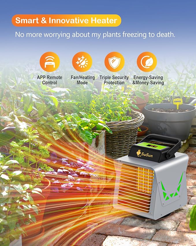 1500W Greenhouse Heater with Thermostat, Portable Outdoor Heater with Smart APP Remote Control for Green House, Garage, Grow Tents, Plants & Vegetables