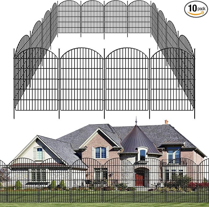 10 Panels Decorative Garden Fence, 40in (H) X 22.31ft (L) No Dig Dog Fences Outdoor for Yard, Rustproof Tall Metal Fencing Panels, Animal Barrier Suitable for Yards Border, Patio, and Outdoor Use