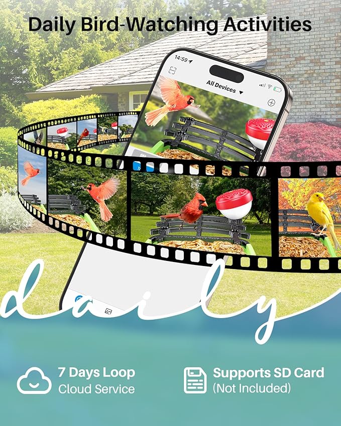 Bird Feeder with Camera, 2K HD AI Identify Smart Bird House Camera with Solar Powered, Live View, Instant Arrival Alerts, Auto Capture Video for Outside, Supports 2.4GHz Wi-Fi Only, Green