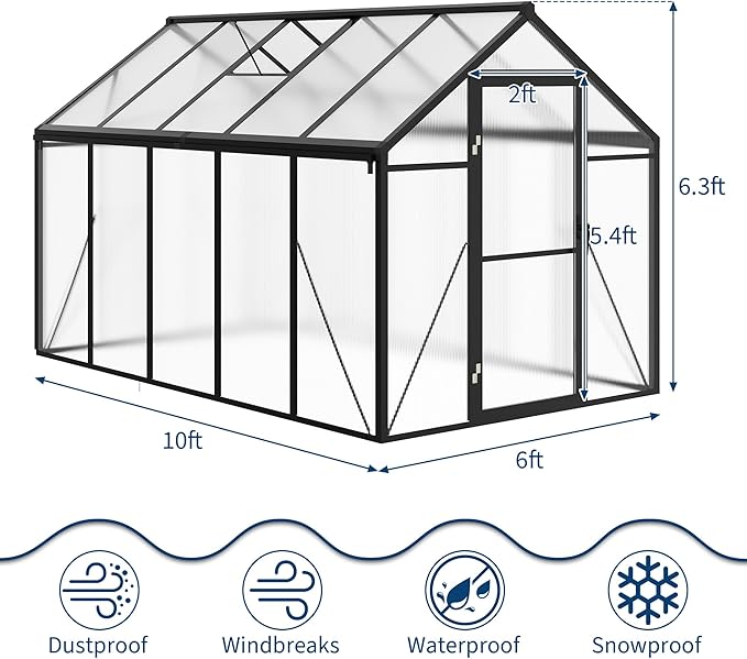 6x10 FT Greenhouse for Outdoors, Polycarbonate Greenhouse with Roof Vent, Ground Nails, Lockable Push Door, Aluminum Large Walk-in Green House for Outside Garden Backyard, Patio, Lawn, Black