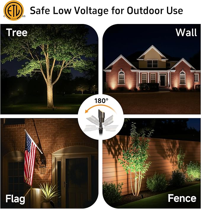 Brass Landscape Lighting - Outdoor Low Voltage Spotlights LED, 12V Wired Uplights, Waterproof Spot Lights, Antique Bronze for Outside Trees with 5W 5000K Daylight MR16 Bulb (4 Pack)