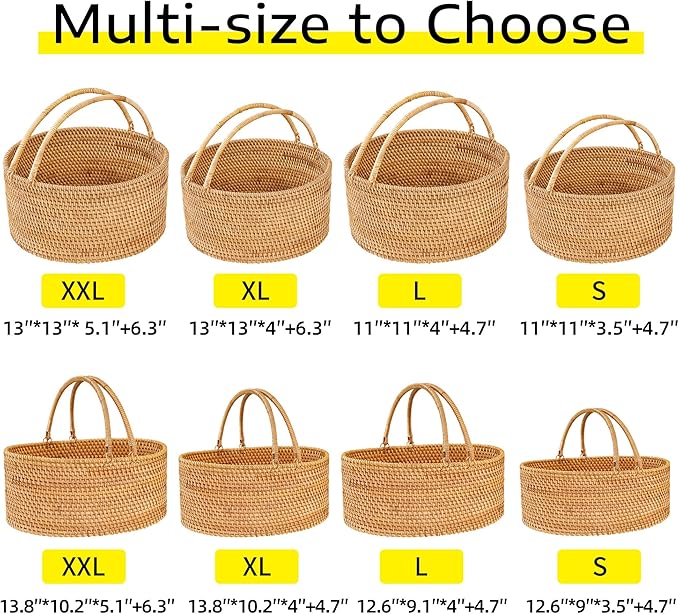 Rattan Picnic Basket with Handles, Oval Wicker Gift Basket for Wedding, Camping(12.6"×9.1"×4")