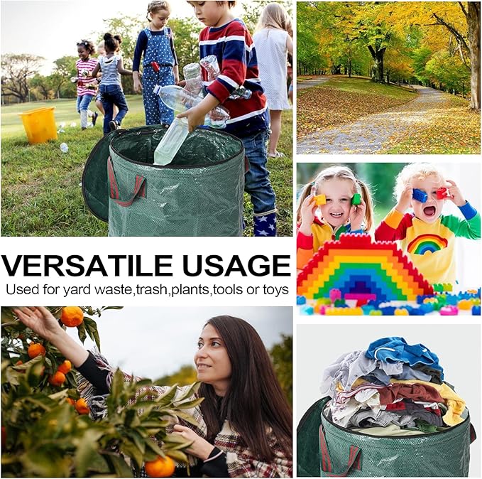 4 Pack 32 Gallons Reusable Yard Waste Bags with Zipper Lid Lawn Leaf Bags Heavy Duty with 4 Handles Garden Waste Bags Container for Clean Up Outdoor Debris Leaves Grass Clippings