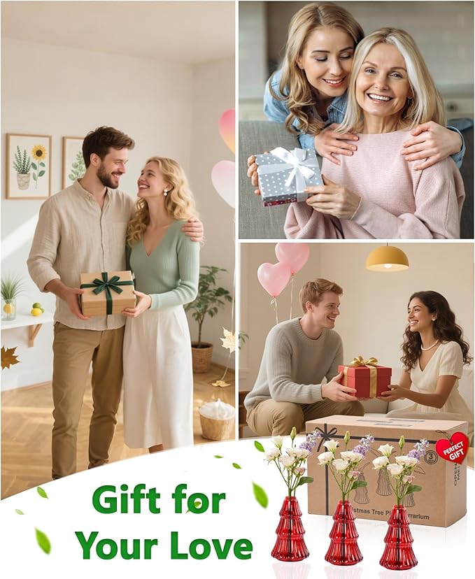 Nacome 3Pcs Tree-Shaped Glass Plant Terrarium,Planter Propagation Station Christmas Tree Decorations for Hydroponics Home Office, Unique Gifts for Plant Lovers Women Mom(Red)