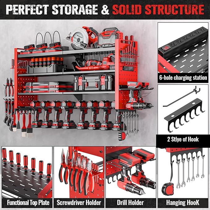 Heavy Duty Power Tool Organizer Wall Mount with Charging Station, Large Garage Organization with 10 cordless Drill Holder, 4 Layers Tool Organizers and Storage, Tool Rack with 6 Power Strip, Red