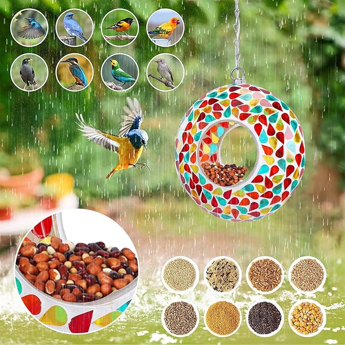 Yinns 9.5Inch Solar Mosaic Bird Feeder for Outside Hanging, Glass Birdfeeder with Round Shape Container, Bird Feeders Garden Decor