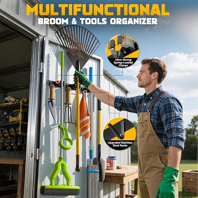 Power Tool Organizer Wall Mount with Broom Holder Combo, Yellow & Black 3-Tier Garage Storage Rack with Battery Storage, 4 Drill Holder Slots, Heavy Duty Steel 150LB Capacity