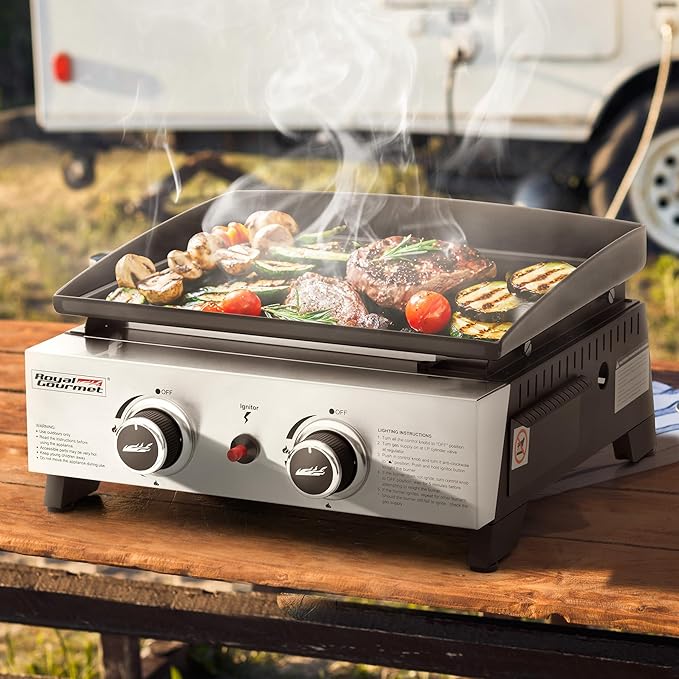 Royal Gourmet PD1204 2 Burner Tabletop Propane Gas Griddle, 17 Inch Portable Flat Top Grill with 17,000 BTUs Output for Outdoor Cooking While Camping or Tailgating, Black & Silver