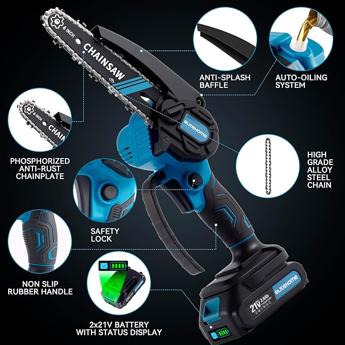 EliteHome Mini Chainsaw Cordless 6 Inch Small Hand Held Chain Saw Battery Powered & Auto Oiler Portable Electric Chainsaws for Tree Trimming wood cutting 2 Batteries 3 Chains 2025