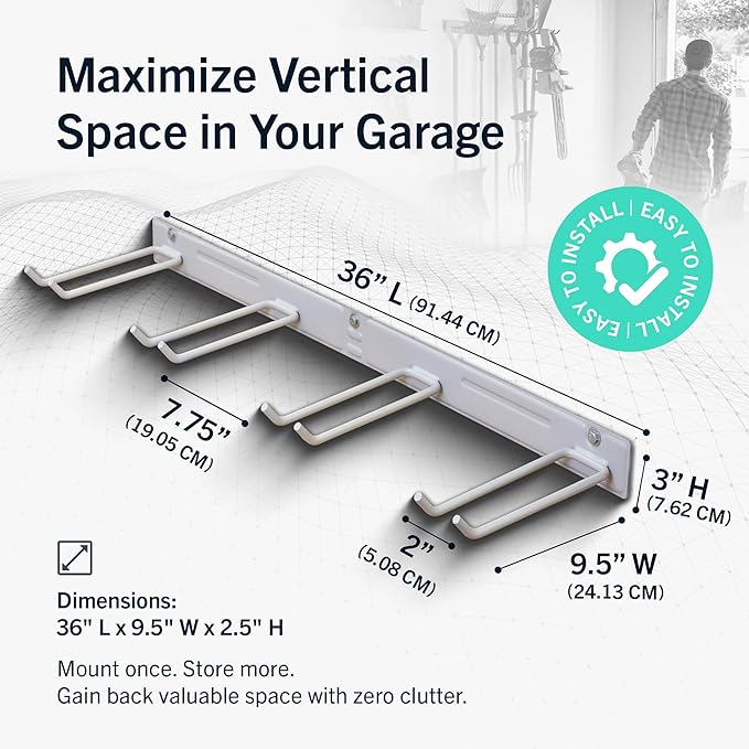 StoreYourBoard Wall-Mounted Rack With 4 Garage Hooks, Gray – Heavy-Duty Steel Holder Garage & Garden Storage for Shed, Workshop, or Home Organization – For Rakes, Shovels, Tools & More – 1 Pack, Gray