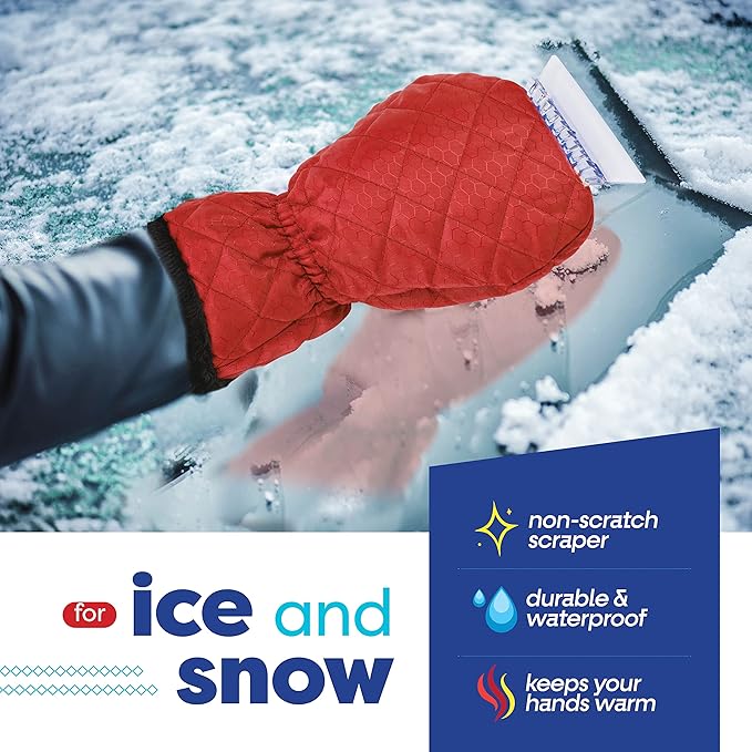 SCRUBIT Ice Scraper with Glove - Car Windshield Scraper for Ice and Snow w/Fleece Mitt - Quickly Scrape and Remove Snow While Staying Warm - Waterproof & Windproof - Car Scraper Snow Brush (Red)