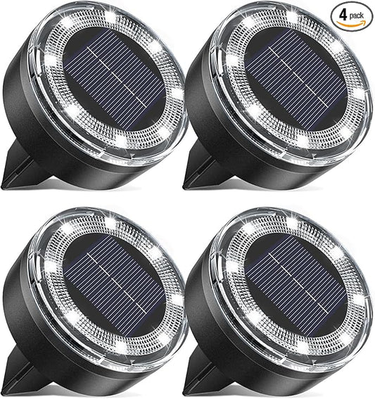 Mini Outdoor Solar Lights๏ผ4 Pqck Solar Garden Lights for Outside IP65 Waterproof, 8 LED Disc Landscape Lighting for Garden Yard Driveway Walkway Poolside Deck Lawn Patio,Cold White