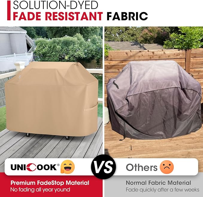 Unicook Heavy Duty Waterproof Grill Cover 60 Inch, BBQ Cover for Outside, Compatible with Weber Char-Broil Nexgrill Kenmore 3-5 Burner Gas Grills up to 58”, All Weather Protection, Light Brown