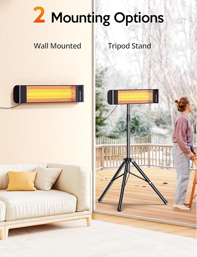VAGKRI Outdoor Heaters, Electric Infrared Patio Heater with Remote and 12H Timer, IP65 Waterproof, 3 Heat Levels, Wall Mount or Tripod Stand for Home, Office, Patio, Garage