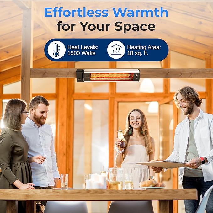 SereneLife Infrared Patio Heater, Wall-Mounted Electric Heater with Remote, 1500W, IP65 Approved, Odorless, Indoor/Outdoor for Patio, Restaurant, Backyard, Garage, Decks