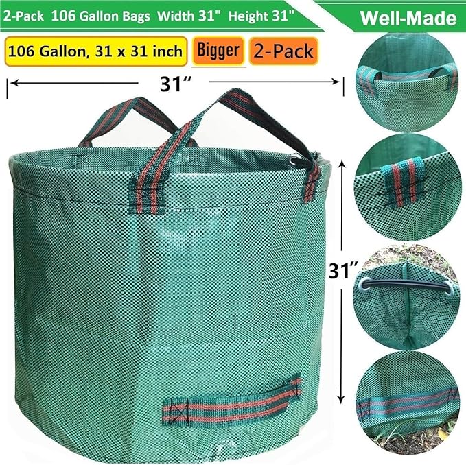 Professional 2-Pack 106 Gallon Large Lawn Garden Bags (D31, H31 inch) Yard Waste Bags W/Gardening Gloves, Big Leaf Bag,Yard Debris Bags,Garden Trash Container,Lawn Grass Clippings,Weeds Bag 4 Handles