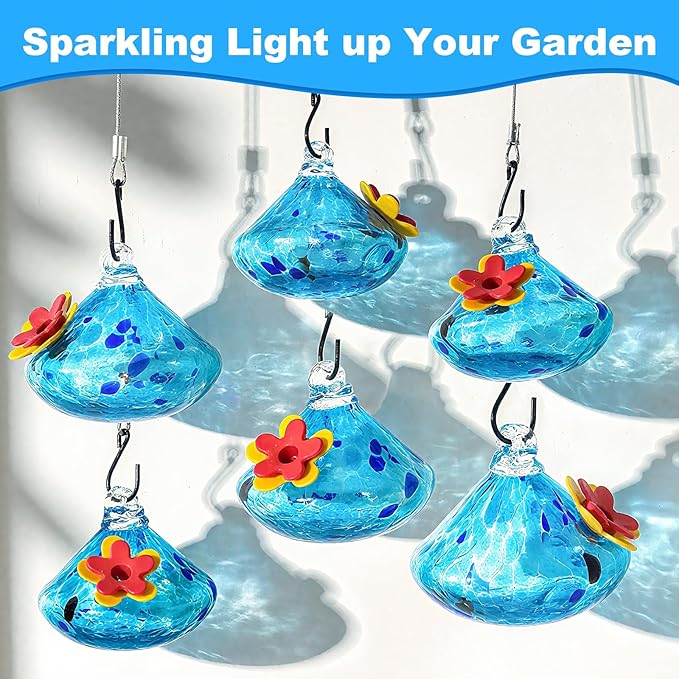 Wind Chimes Hummingbird Feeders, Hummingbird Feeders for Outdoors with 6 Glass Balls, Leak-Free, Perfect Garden Decor for Window Garden Patio, Ideal Gift, Blue