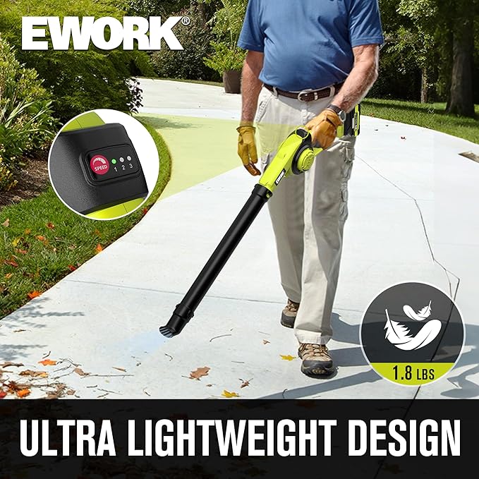 EWORK Small Leaf Blower Cordless 21V 200 MPH Mini Electric Leaf Blower with Battery and Fast Charger, Powerful Lightweight Leaf Blowers for for Lawn Care, Patio, Blowing Leaves