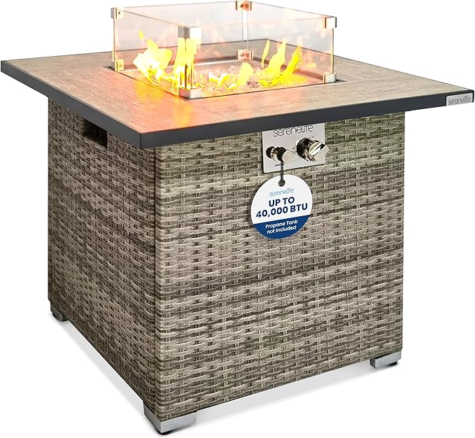 Outdoor Propane Fire Pit Table - CSA/ETL Certified Safe 50,000 BTU Pulse Ignition Weatherproof Square Wicker Propane Gas Fire Table w/Tile Tabletop Adjustable Flame - Glass Rocks