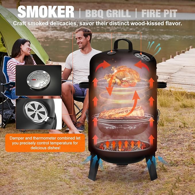 16" Charcoal Smoker, 3 in 1 Heavy Duty Vertical Barbecue Grill, Outdoor Fire Pit 402 Square Inches Cooking Area, Versatile Outdoor Smoker Grill, Black