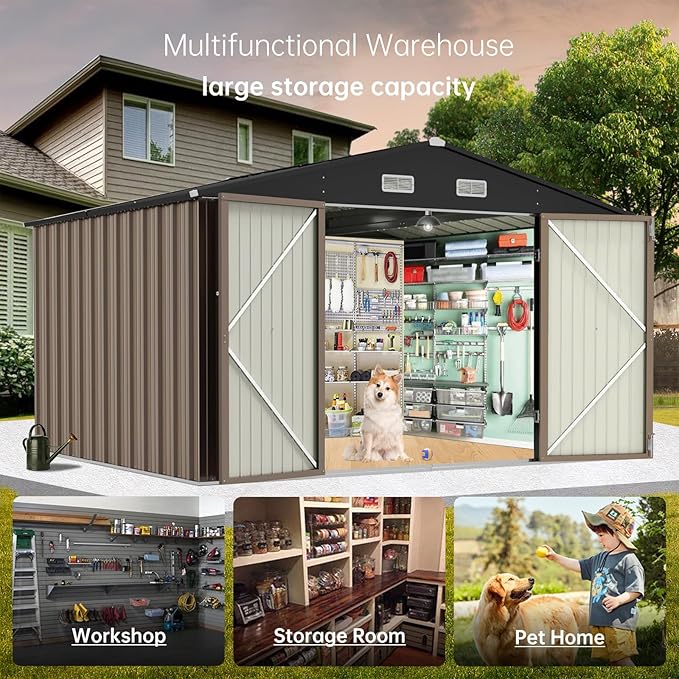 Garvee 10×8FT Outdoor Storage Shed, Metal Waterproof Garden Storage Shed Galvanized Steel Utility Tool Shed with Lockable Doors & Vents, All-Weather Shelter for Bike/Kids Car/Mowers/Tool, etc. Brown