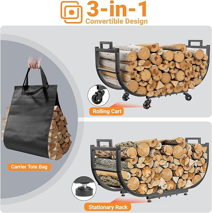 32 Inch Firewood Rack with Wheels & Removable Canvas Carrier, Indoor Outdoor Log Holder, Heavy-Duty Fireplace Wood Storage Rack