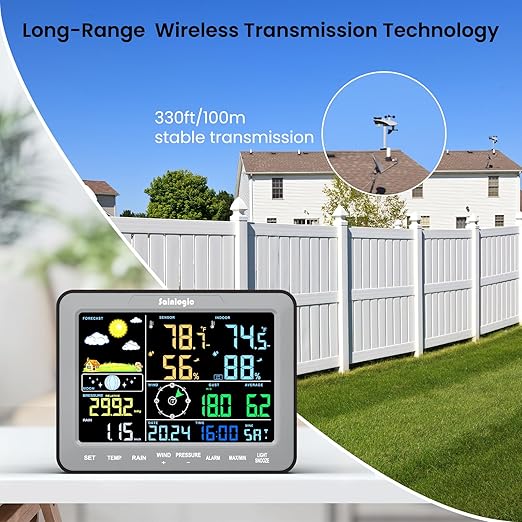 Sainlogic SA68 Home Weather Station with Weather Stations Wireless Indoor Outdoor and Rain Gauge Outdoor for Temperture,Humidity,Forecast,Pressure,Moon Phase,Alarm Clock for Bedroom,Gray(No WiFi)