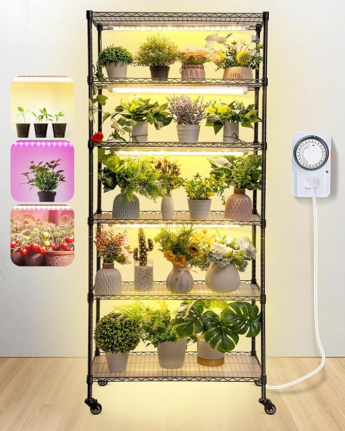 Meonum Plant Shelf with Grow Lights, 5.9FT 6 Tier DIY Metal Grow Rack, Indoor Greenhouse with 90W LED Full Spectrum Growing Lamps, Mechanical Timer, PP Waterproof Pads for Indoor Seed Starting