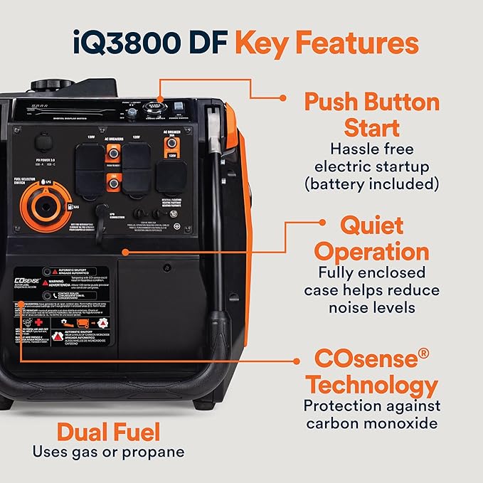 Generac 3,800-Watt Dual-Fuel Portable Inverter Generator - Gas and Propane Compatible - Quiet Operation - Clean, Stable Power - Great for Home Backup, Camping, and RV Use