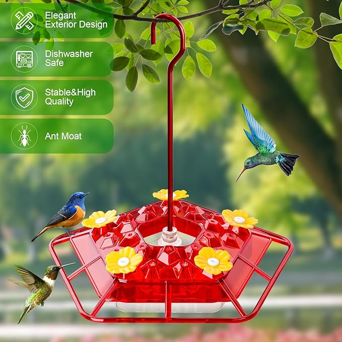WINTS 25 Feeder Ports Hummingbird Feeder for Outdoors Hanging 10 OZ Plastic Hummingbird Feeders with Perch Built-in Ant Moat for Garden Patio Lawn Window Decor Gifts for Women Mom,Red