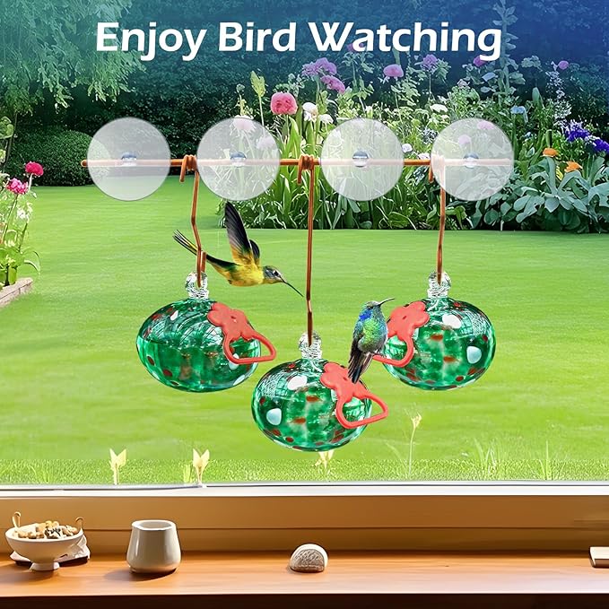 Window Hummingbird Feeder with Suction Cups,Hand-Blown Glass Hummingbird Feeders for Outdoors Window Mounted with Metal Hook,Close Bird Watching,Finch in Garden,Yard(Green)