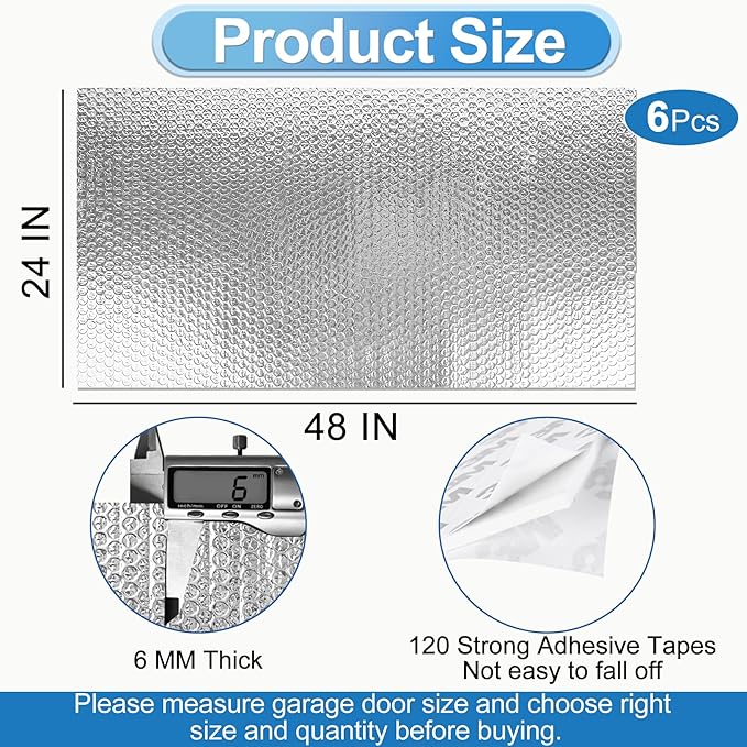ToLanbbt Garage Door Insulation Kit 6P Double Bubble Window Heat Insulation Panels, 6MM 24" x 48" Reflective Aluminum Foil Summer/Winter Barrier Sheets with 120 Adhesive Tapes for Garage Attic Wall