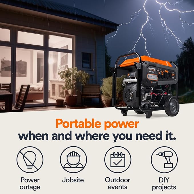 Generac 22,500/18,000-Watt Portable Gas Generator - Electric Start - Home Backup or RV Ready - Heavy Duty Frame - Quiet, Long Runtime, Emergency Power - 49-State Compliant