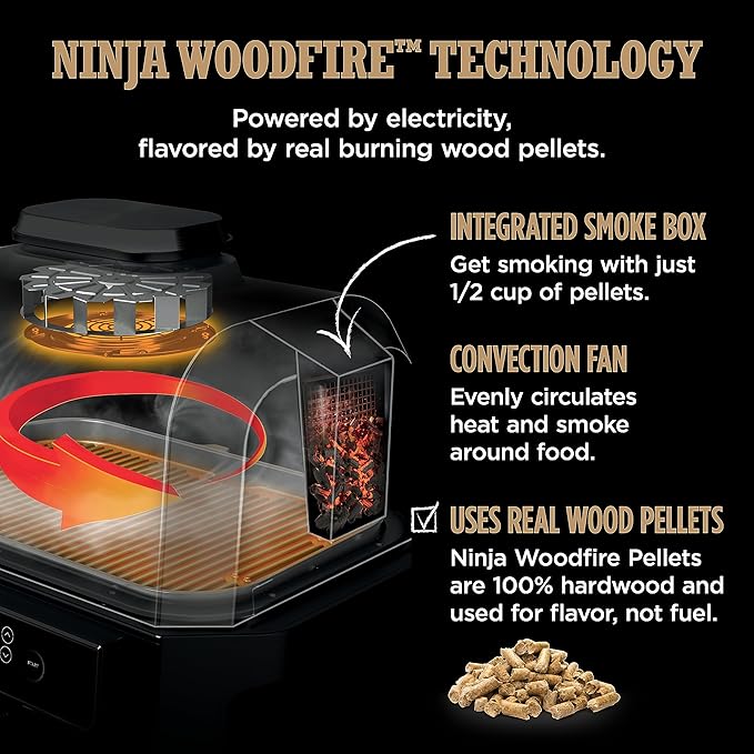 Ninja | Grill & Smoker | Outdoor Woodfire Pro XL | 4 in 1 Grill, BBQ Smoker, Air Fryer & Bake | Portable | Includes Built in Thermometer & 2 Woodfire Pellet Packs | Dark Grey | OG850