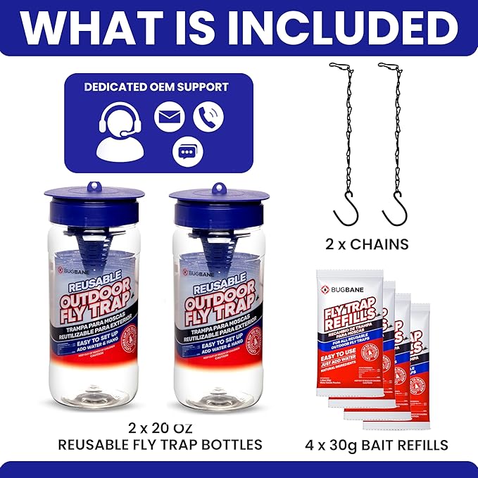 2 Fly Traps Outdoor Fly Trap for Patio with 4 Non-Toxic Dissolvable Bait Refills. Reusable Hanging Bug Catcher Killer for All Filth Flies for Outside Bug Control Yard Ranch. Hanging Chains Included