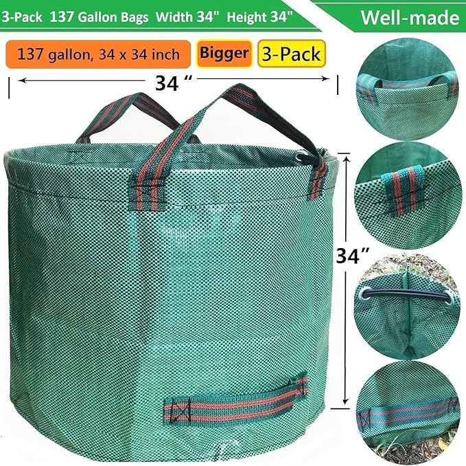 Professional 3-Pack 137 Gallon Lawn Garden Bags (D34, H34 inches) Big Yard Waste Bags with Garden Gloves, Extra Large Reusable Leaf Bags,Garden Clippings Bag,Leaf Container,Yard Trash Bags 4 Handles