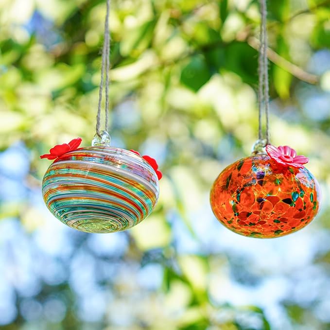 2pcs Small Blown Glass Hummingbird Feeders for Outdoors Hanging Glass Humming Bird Feeders for Window Patio Decor with 2 Flower Feeding Ports