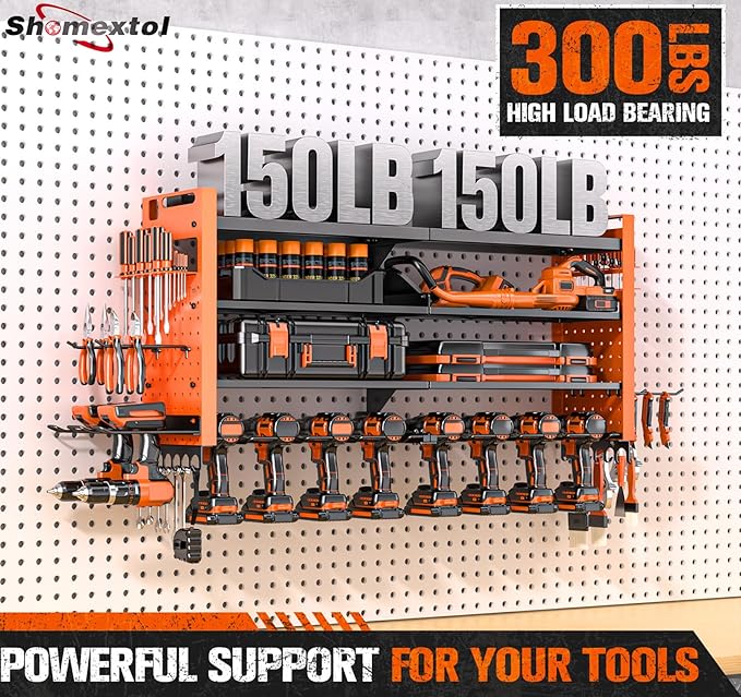 Heavy Duty Power Tool Organizer Wall Mount with Charging Station, Large Garage Organization with 10 cordless Drill Holder, 4 Layers Tool Organizers and Storage, Tool Rack with 6 Power Strip,Orange