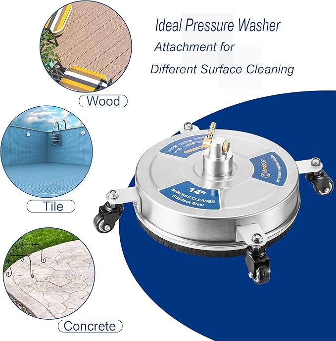 14" Pressure Washer Surface Cleaner with 4 Wheels, 1/4" Quick Connect Plug, Sturdy Stainless Steel Power Washer Attachment for Concrete Driveway, Min Flow Rate 1.8 GPM, Max 4000 PSI (Silver)