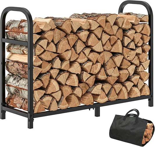 34 Inch Firewood Rack Outdoor with Log Carrier Bag, Indoor Fire Wood Holder, Metal Heavy Duty Log Holder, Rustproof Firewood Storage Tool for Fireplace Patio Deck