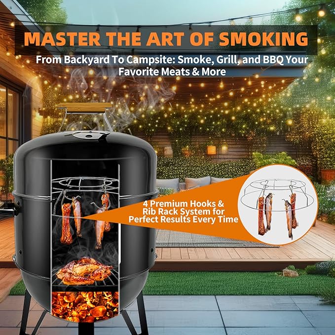 Realcook BBQ Charcoal Smoker Grill: Heavy Duty 17 Inch Vertical Meat Smokers - Porcelain-Enameled Charcoal Grill Smoker Combo for Outdoor Cooking Backyard Picnic Party Grilling