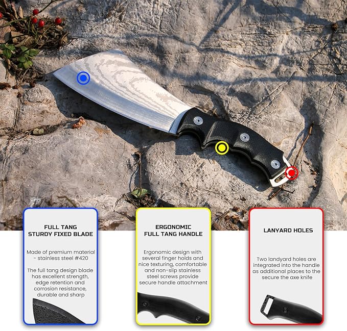 11 Inch Hatchet with Sheath, Small Compact Machete Axes, Fixed Blade Full Tang Camping Tactical Knife for Woodworking, Garden Machete Axe with Sheath for Bushcraft Yards Bushes Wood, A2BK