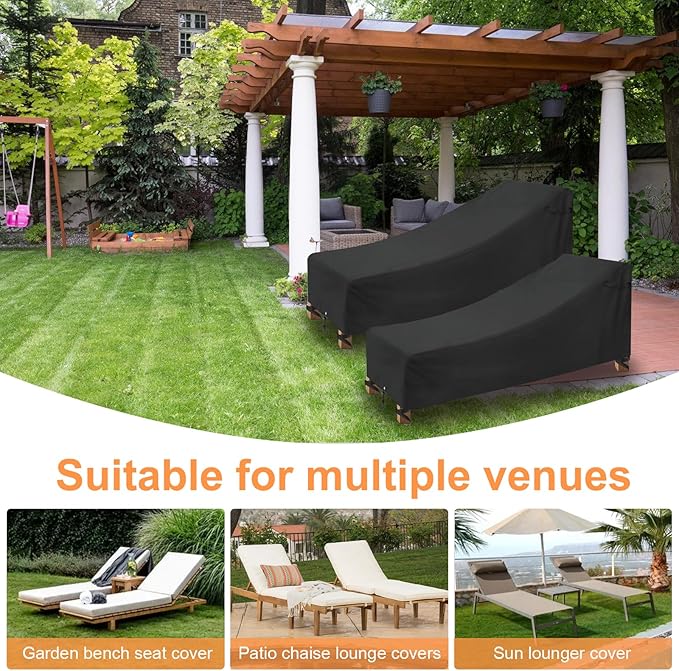 Chaise Lounge Covers Outdoor Waterproof 2 Pack,600 D Durable Pool Lounge Chair Covers with Tape Sealed Seam for Outside,68L x 30W x 30H Inch, Black