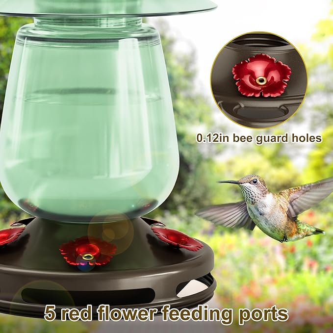 Auslar 16 Ounces Glass Hummingbird Feeders for Outdoors Hanging, Green Hummingbird Feeder with 5 Flower Feeding Ports & Built-in Ant Moat, Rustproof, Leakproof, Barn Lantern Shape
