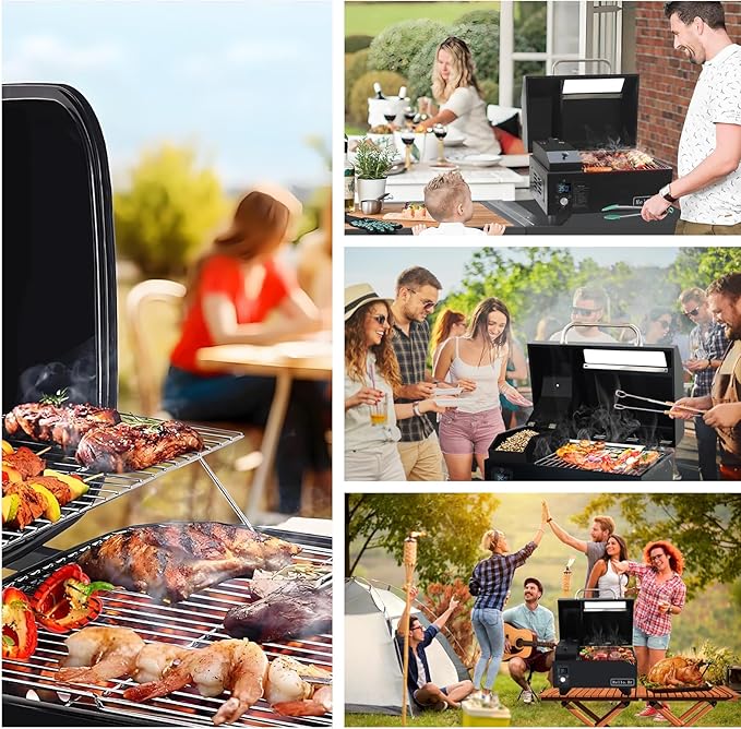 Portable Wood Pellet Grills 900°F,Smoker with Viewing Window – 8-in-1 BBQ, Digital Control, LED Screen, Temperature Control, Meat Probe,Bake and Roast, Ideal for Camping, RV, Beach Backyard